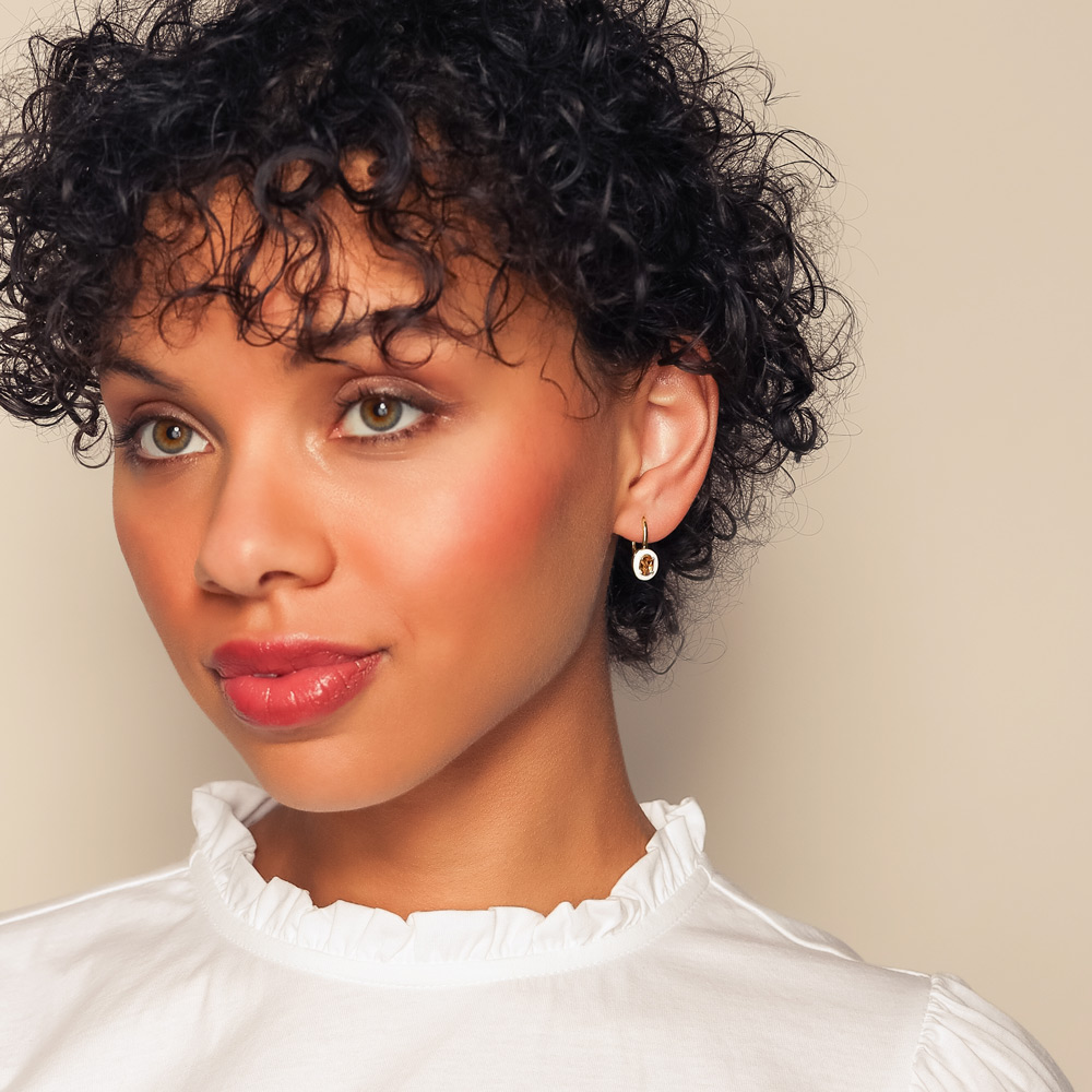 Oval Rose Cut Orange Sapphire & White Enamel Drop Earrings in Yellow Gold