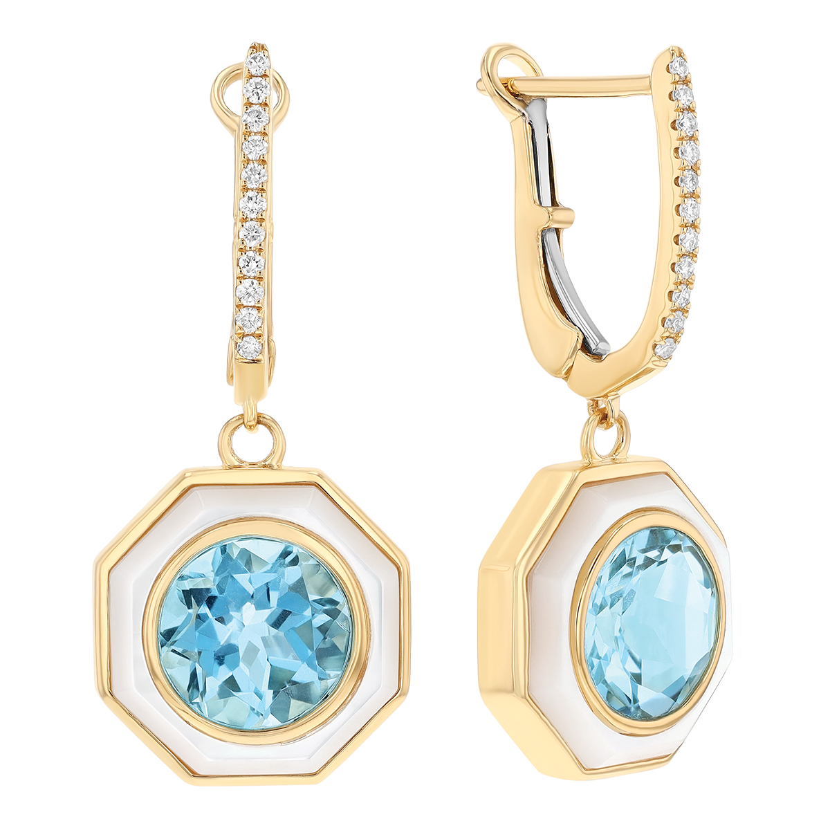 Doves Topaz, Mother of Pearl & Diamond Dangle Hoop Earrings in Yellow Gold