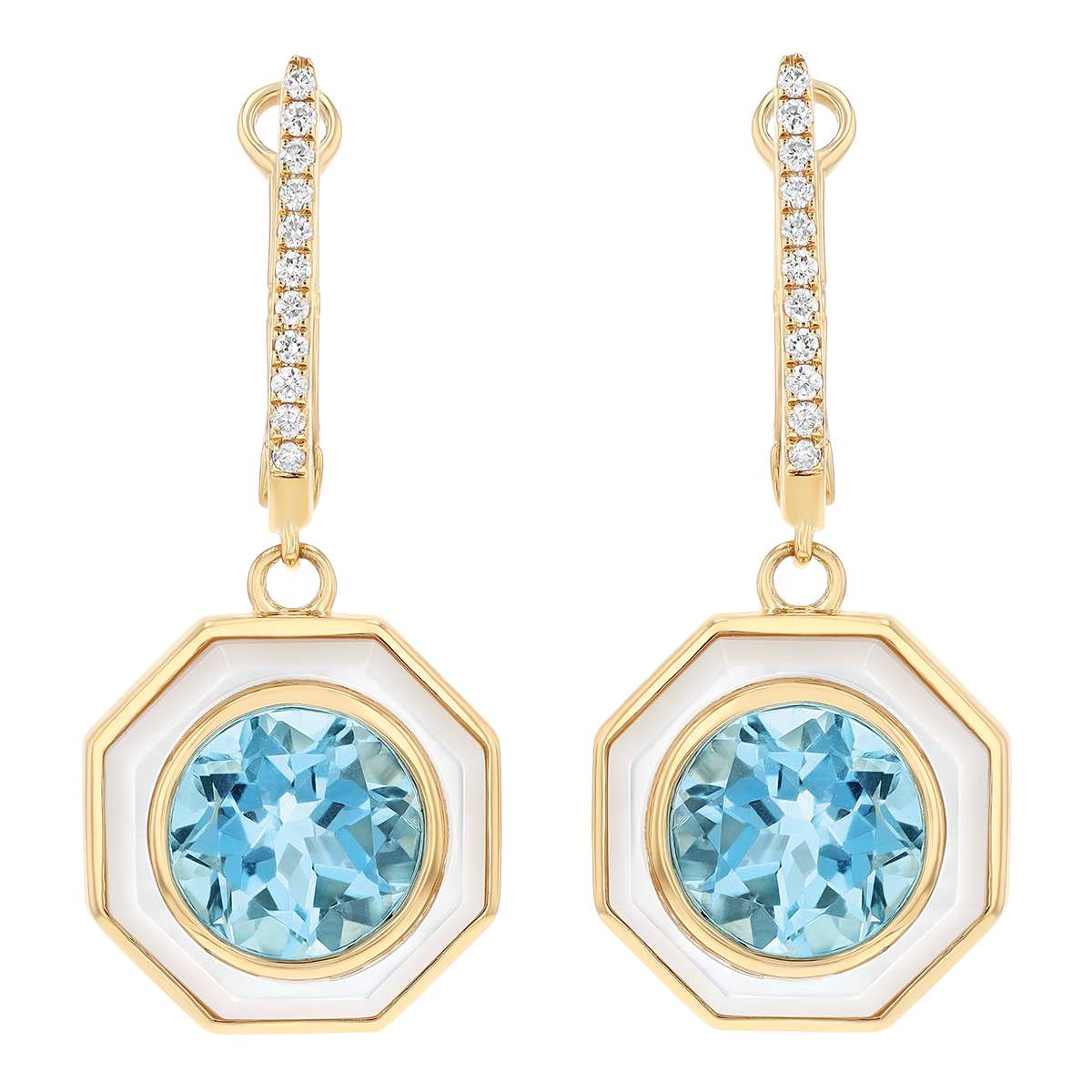 Doves Topaz, Mother of Pearl & Diamond Dangle Hoop Earrings in Yellow Gold