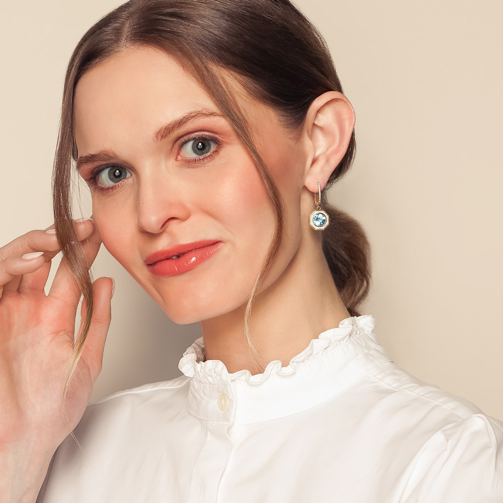 Doves Topaz, Mother of Pearl & Diamond Dangle Hoop Earrings in Yellow Gold