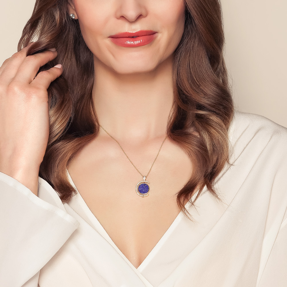 Doves Lapis Lazuli & Diamond Half Moon Flip Disc Pendant in Yellow Gold