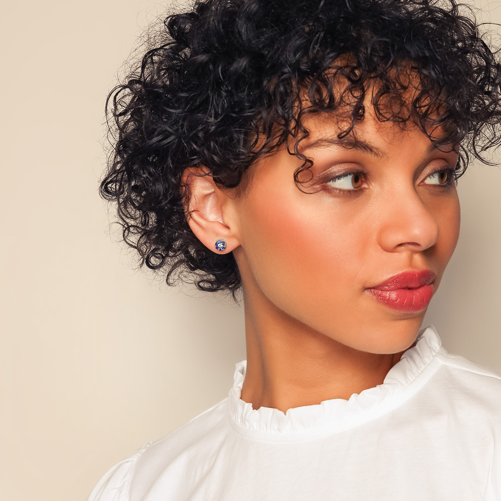 Round Sapphire & Diamond Center Cluster Stud Earrings in White Gold, 1.09 tw