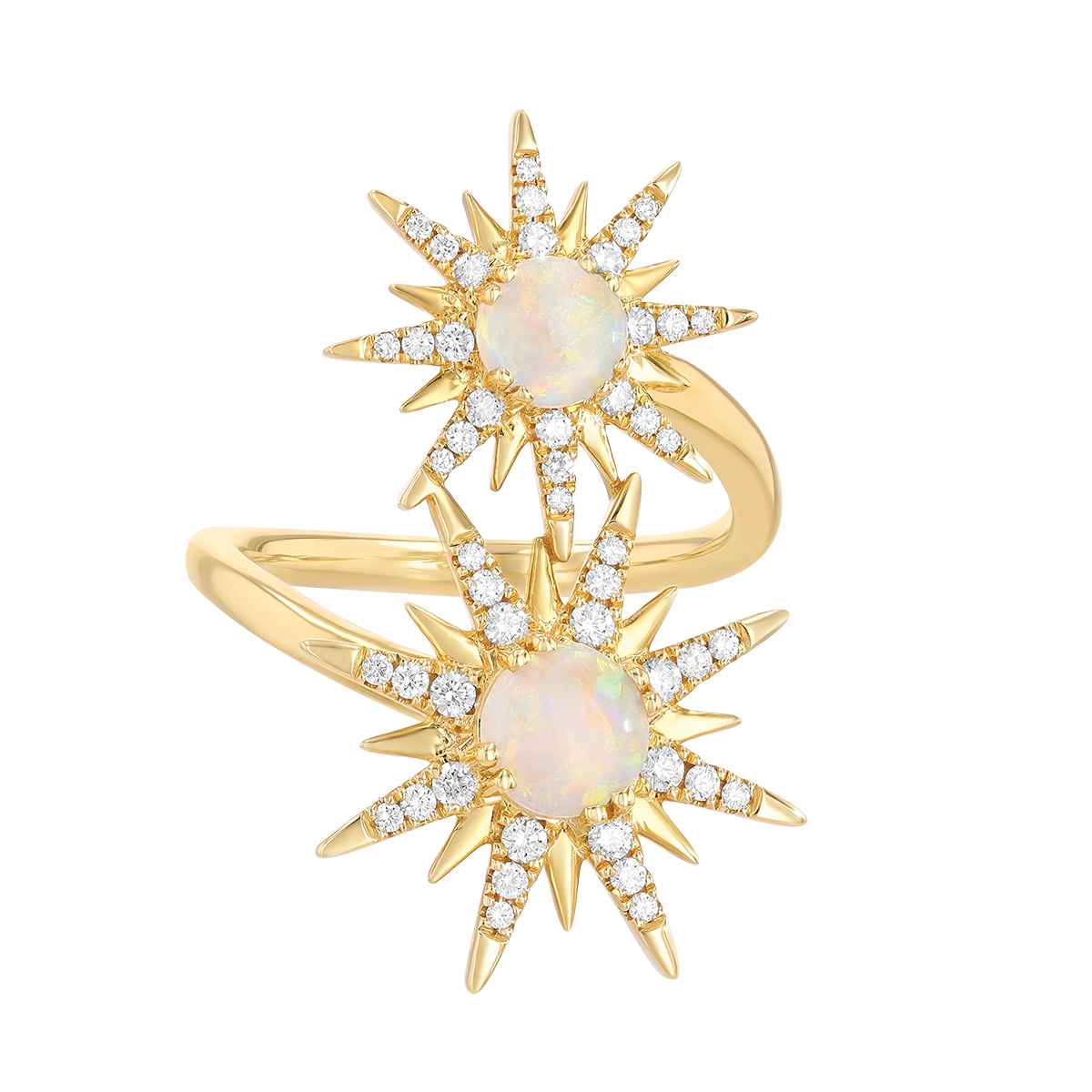 Round Cabochon & Diamond Sunburst Bypass Ring in Yellow Gold
