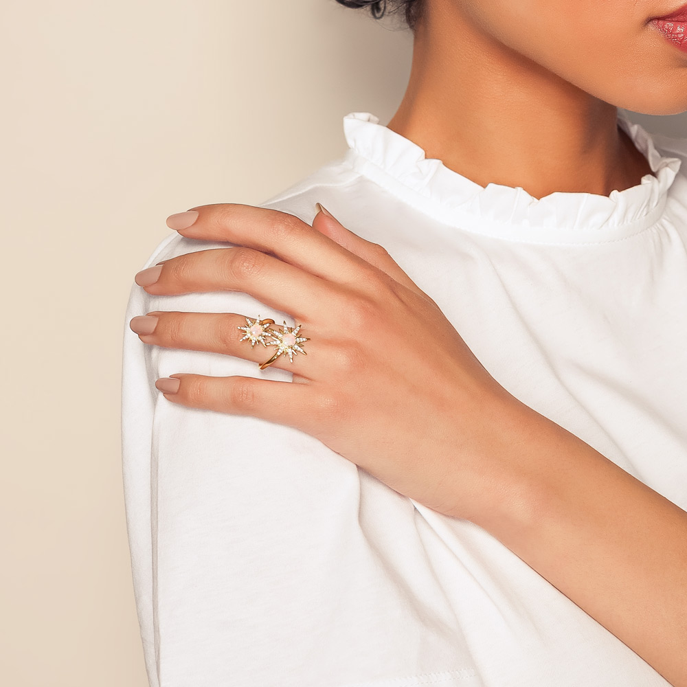 Round Cabochon & Diamond Sunburst Bypass Ring in Yellow Gold