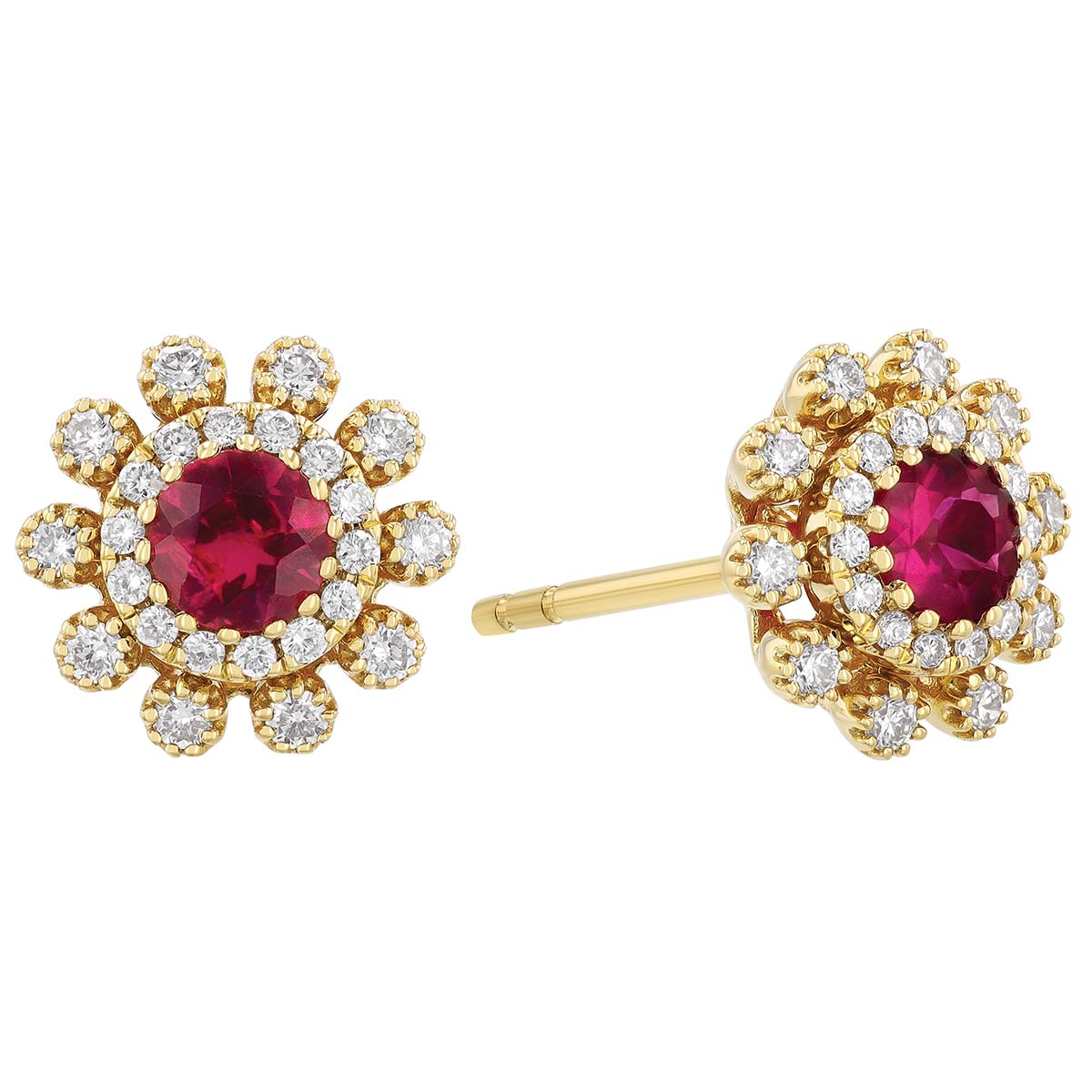 Round Ruby & Double Diamond Halo Stud Earrings in Yellow Gold