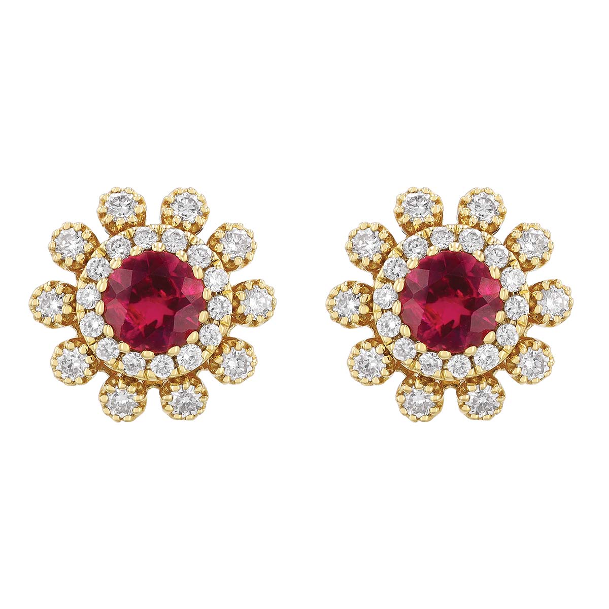 Round Ruby & Double Diamond Halo Stud Earrings in Yellow Gold