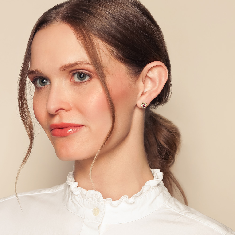 Round Ruby & Double Diamond Halo Stud Earrings in Yellow Gold