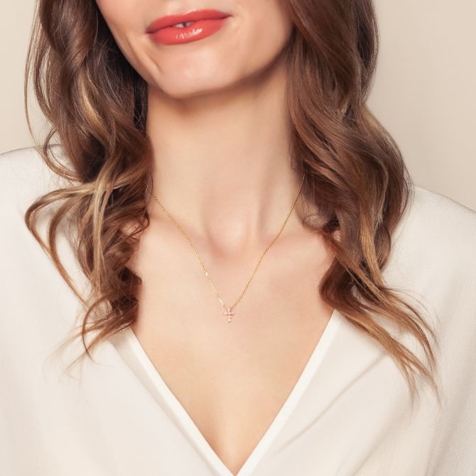 Round Cabochon Opal Cross Pendant in Yellow Gold, 18"