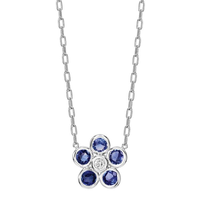 Bezel Set Sapphire & Diamond Flower Pendant in White Gold, 18"