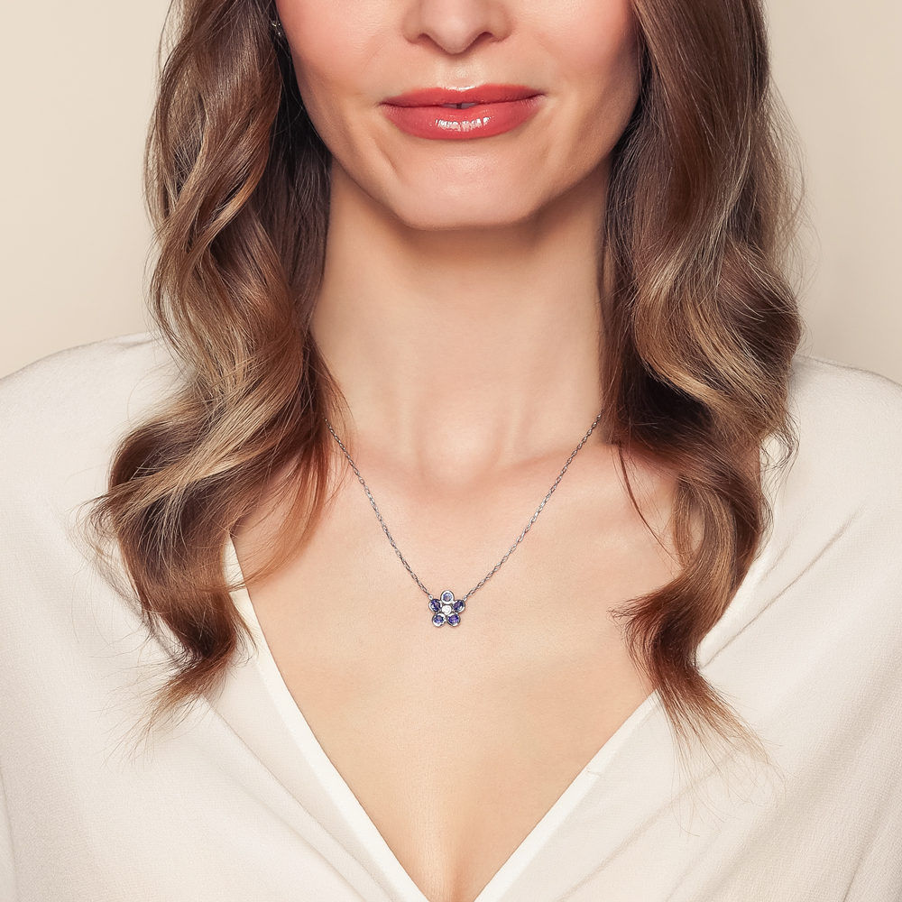 Bezel Set Sapphire & Diamond Flower Pendant in White Gold, 18