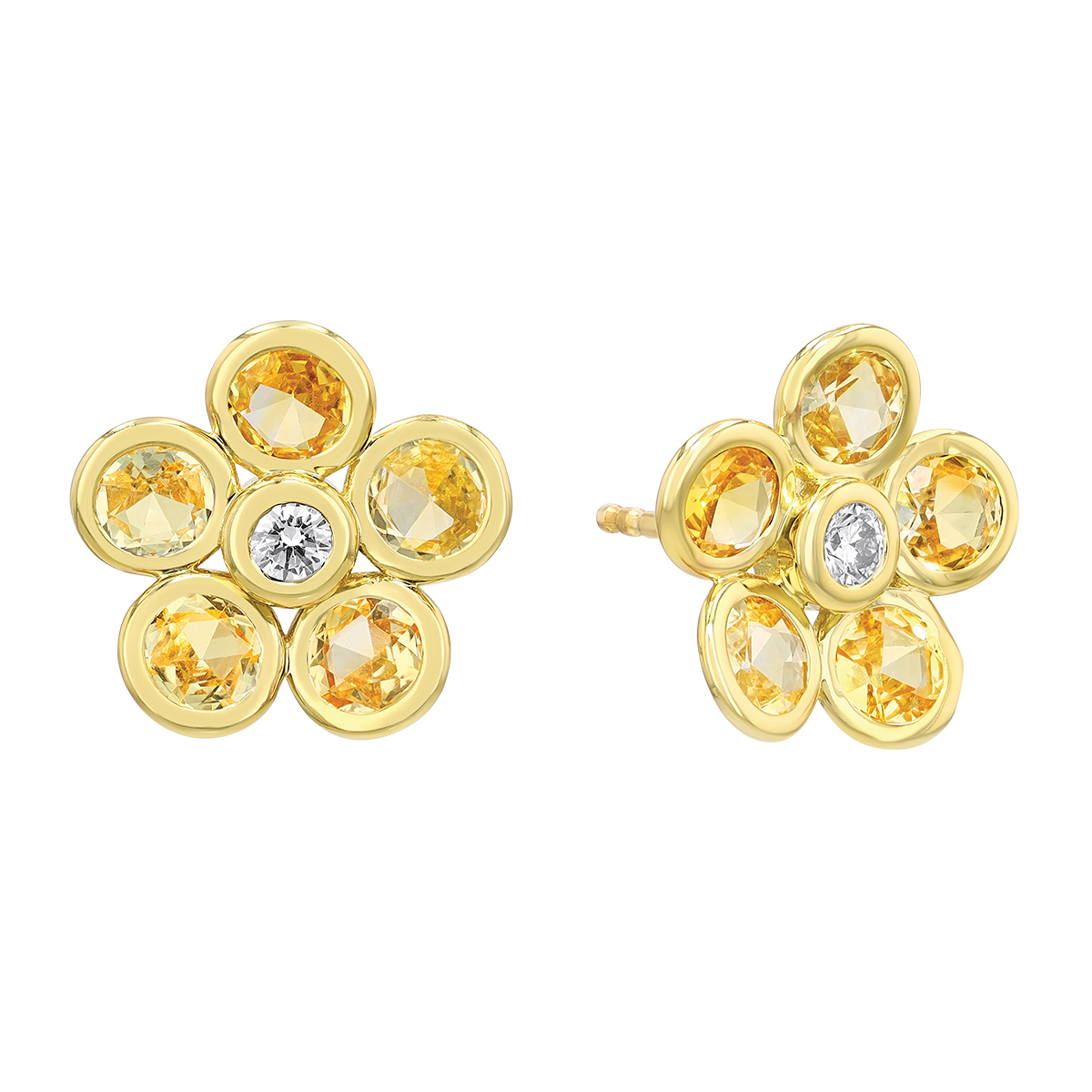 Bezel Set Yellow Sapphire & Diamond Flower Stud Earrings in Yellow Gold