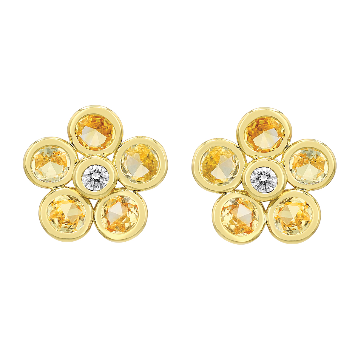 Bezel Set Yellow Sapphire & Diamond Flower Stud Earrings in Yellow Gold