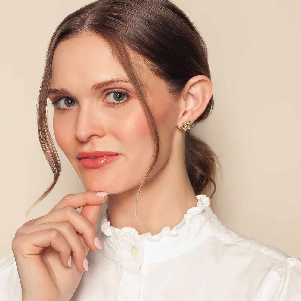 Bezel Set Yellow Sapphire & Diamond Flower Stud Earrings in Yellow Gold