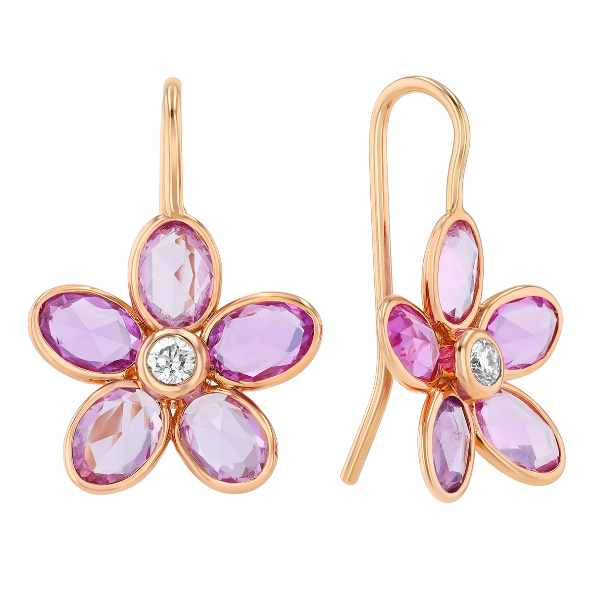 Bezel Set Oval Pink Sapphire & Diamond Flower Drop Earrings in Rose Gold
