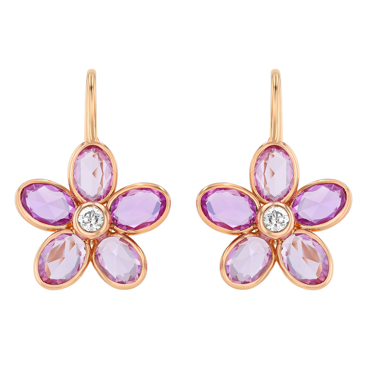 Bezel Set Oval Pink Sapphire & Diamond Flower Drop Earrings in Rose Gold
