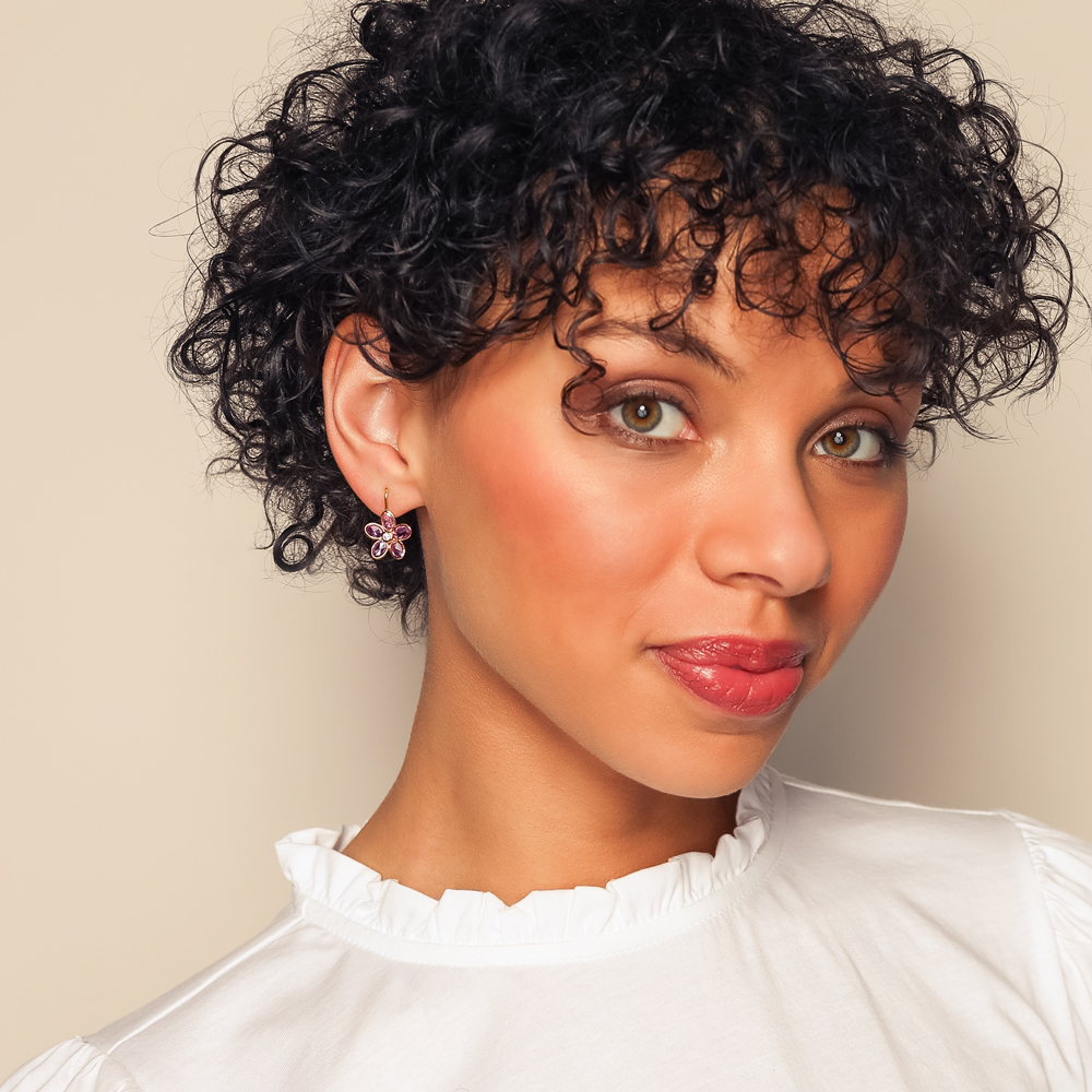 Bezel Set Oval Pink Sapphire & Diamond Flower Drop Earrings in Rose Gold