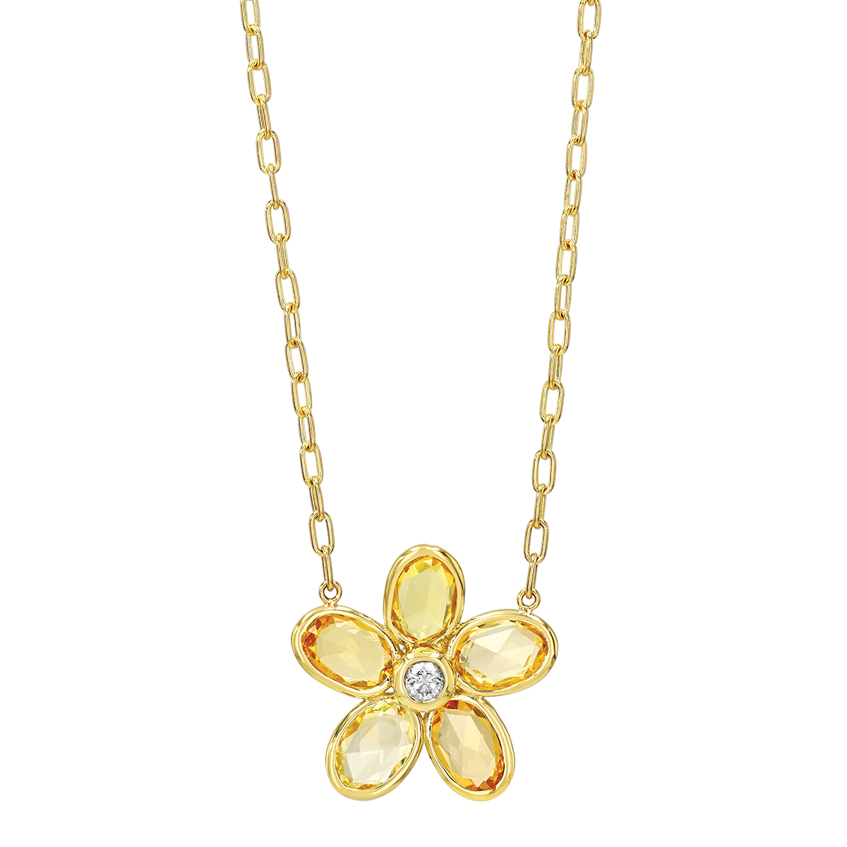 Bezel Set Oval Yellow Sapphire & Diamond Flower Pendant in Yellow Gold, 18