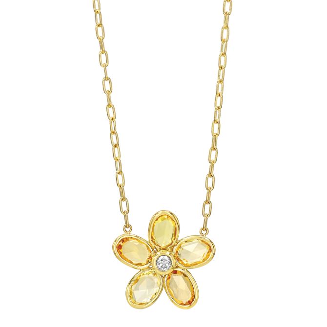 Bezel Set Oval Yellow Sapphire & Diamond Flower Pendant in Yellow Gold, 18"