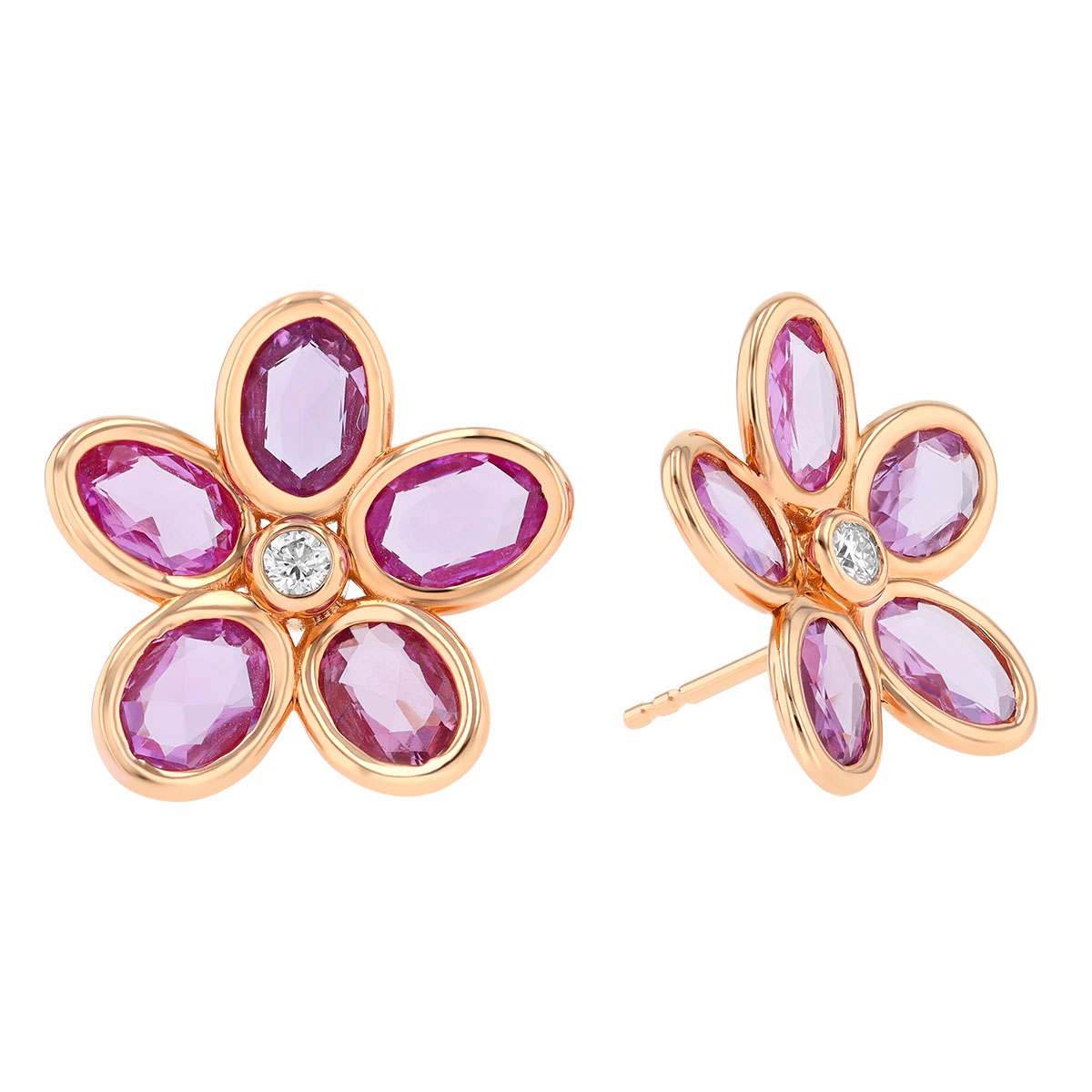 Bezel Set Oval Pink Sapphire & Diamond Flower Stud Earrings in Rose Gold