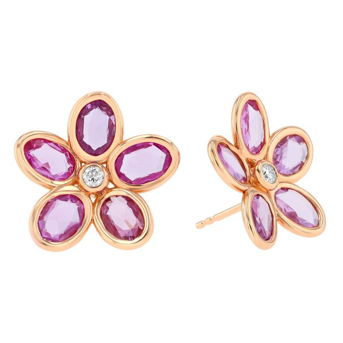 Bezel Set Oval Pink Sapphire & Diamond Flower Stud Earrings in Rose Gold