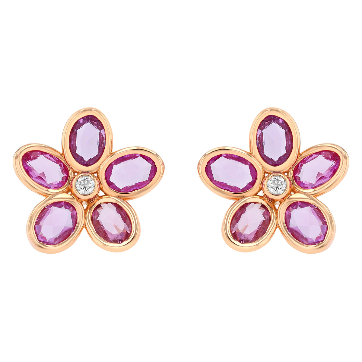 Bezel Set Oval Pink Sapphire & Diamond Flower Stud Earrings in Rose Gold