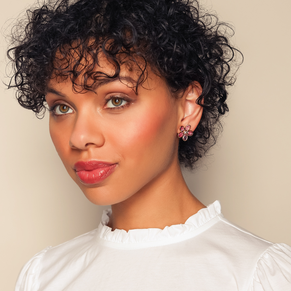 Bezel Set Oval Pink Sapphire & Diamond Flower Stud Earrings in Rose Gold