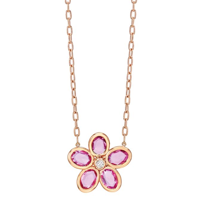 Bezel Set Oval Pink Sapphire & Diamond Flower Pendant in Rose Gold, 18"