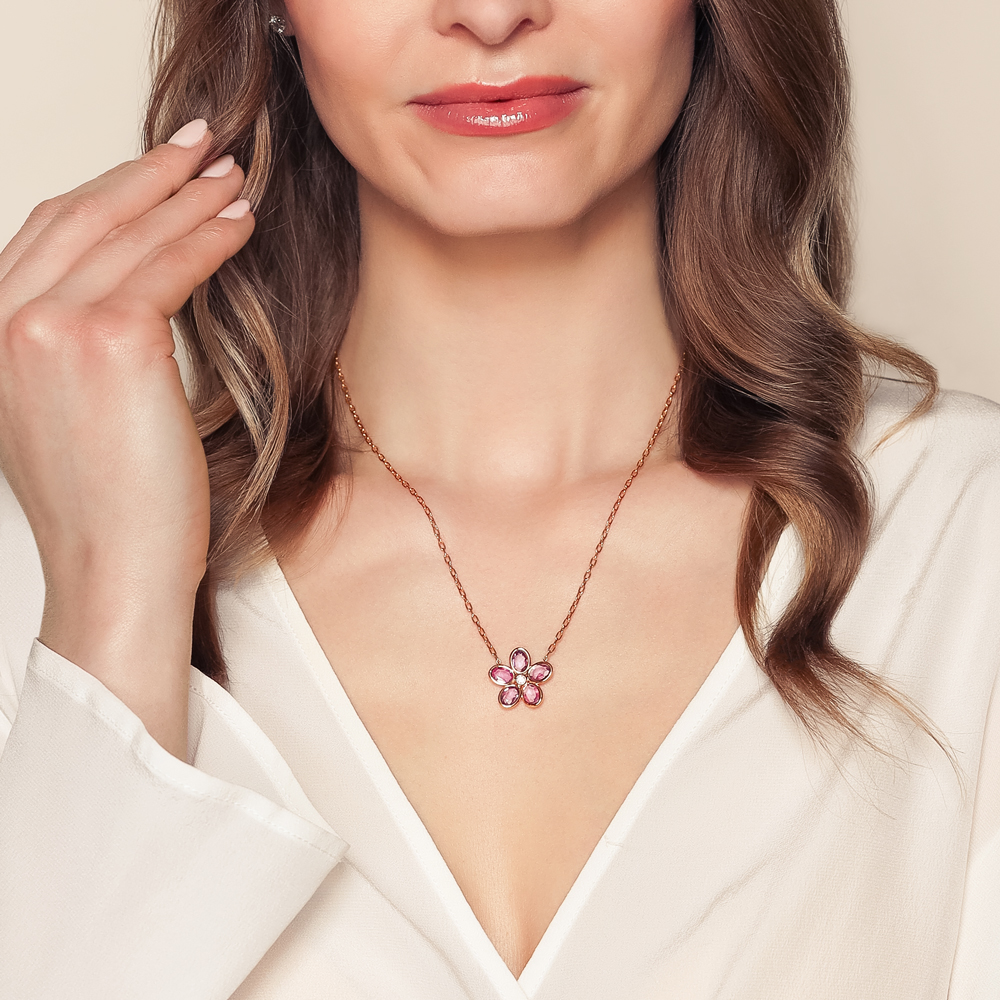 Bezel Set Oval Pink Sapphire & Diamond Flower Pendant in Rose Gold, 18