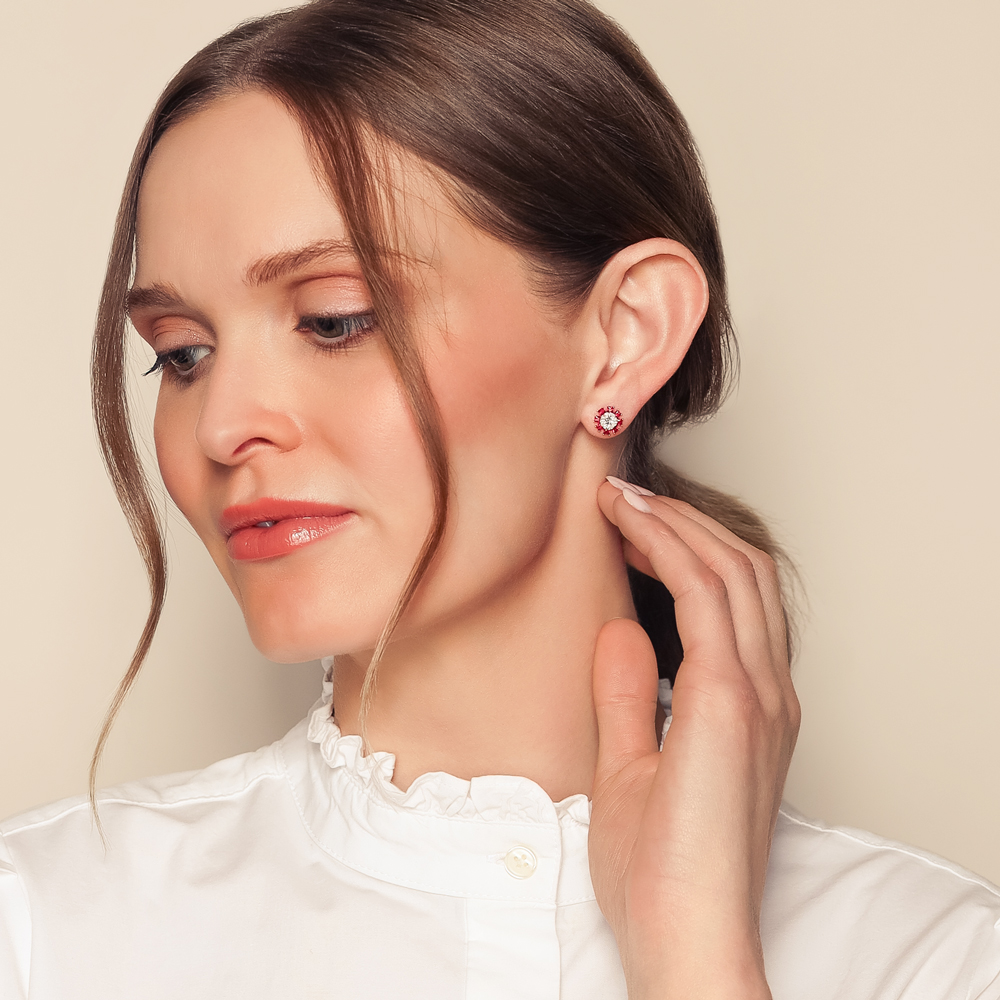 Princess Cut Ruby & Diamond Cluster Illusion Stud Earrings in Rose Gold