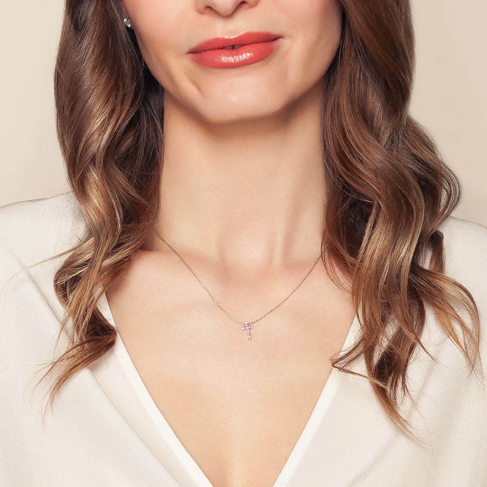 Frederic Sage Pink Sapphire & Diamond Cross Pendant in Yellow Gold