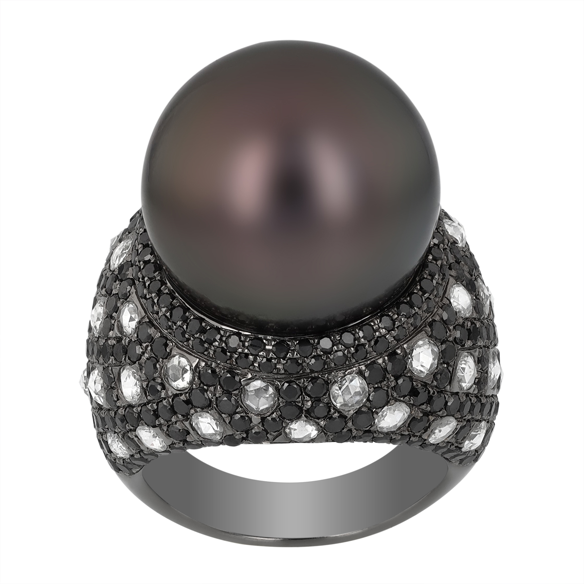 TARA Pearls Tahitian South Sea Cultured Pearl, Black & White Diamond Pavé Ring in Black Rhodium