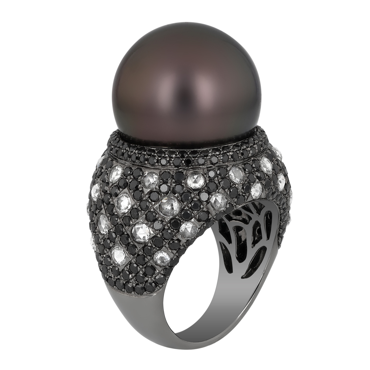 TARA Pearls Tahitian South Sea Cultured Pearl, Black & White Diamond Pavé Ring in Black Rhodium