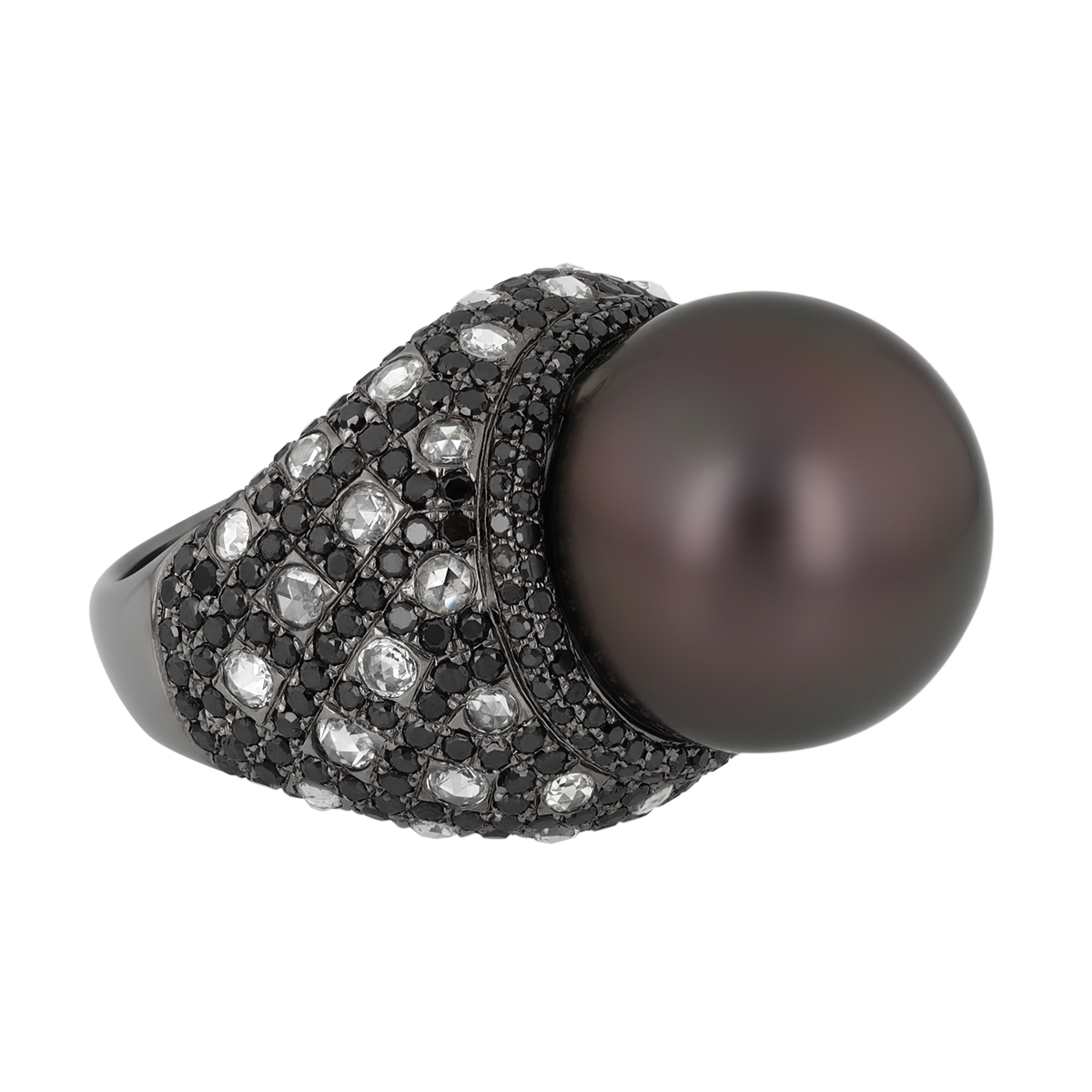 TARA Pearls Tahitian South Sea Cultured Pearl, Black & White Diamond Pavé Ring in Black Rhodium