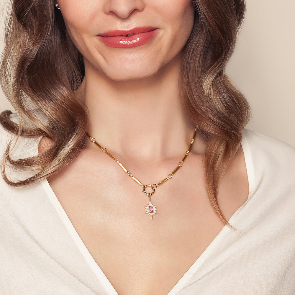 Marika Oval Pink Tourmaline & Diamond Starburst Charm in Yellow Gold