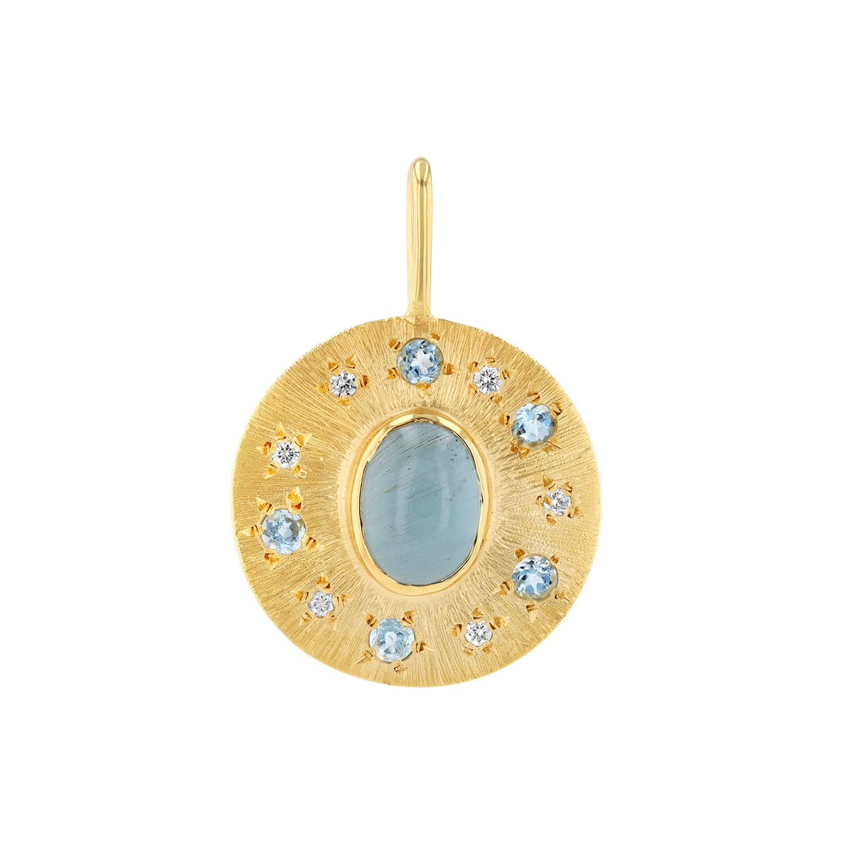 Marika Oval Cabochon Aquamarine, Sapphire & Diamond Disc Charm in Yellow Gold