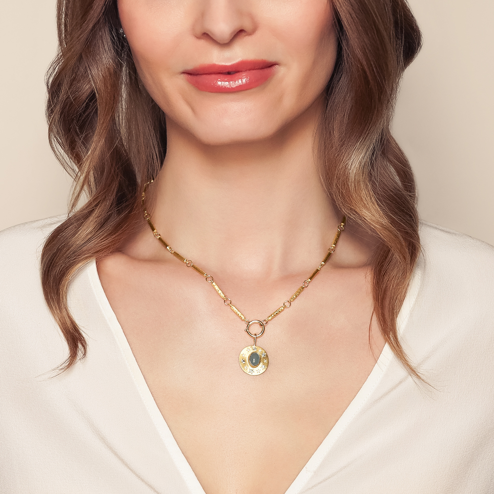 Marika Oval Cabochon Aquamarine, Sapphire & Diamond Disc Charm in Yellow Gold