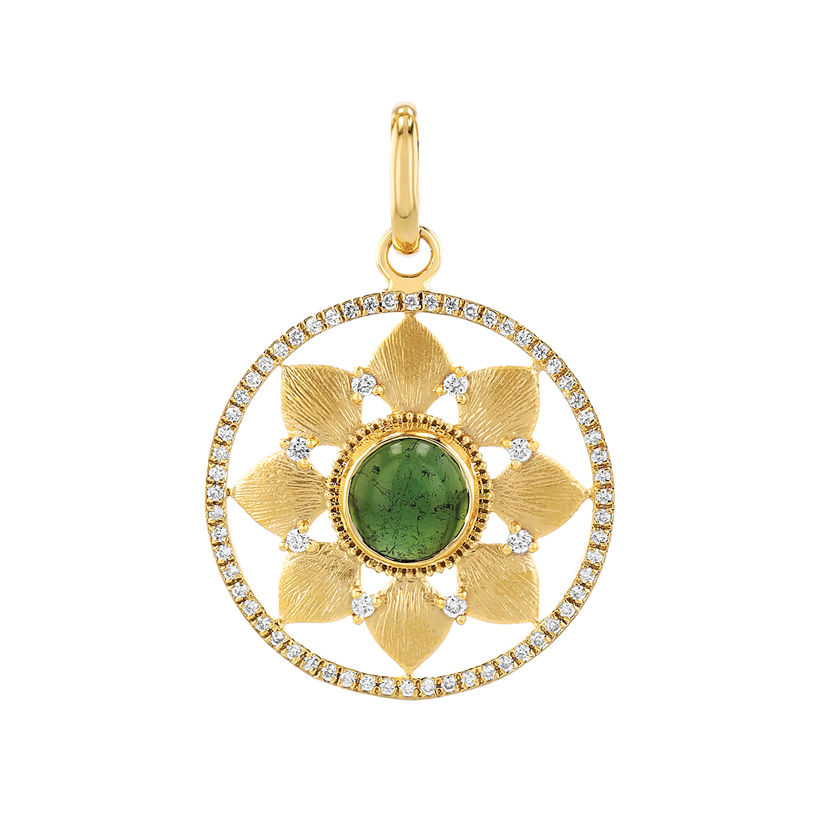 Marika Round Cabochon Tourmaline & Diamond Flower Medallion Charm  in Yellow Gold