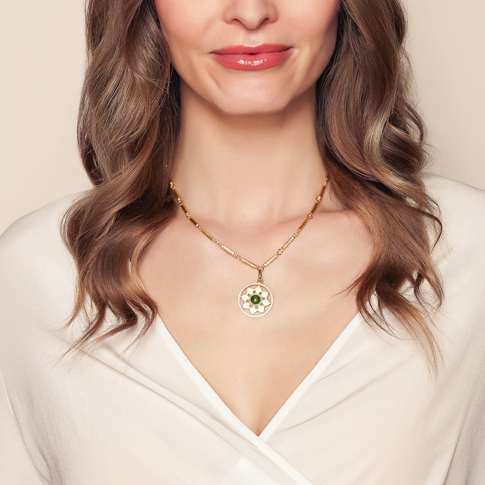 Marika Round Cabochon Tourmaline & Diamond Flower Medallion Charm  in Yellow Gold