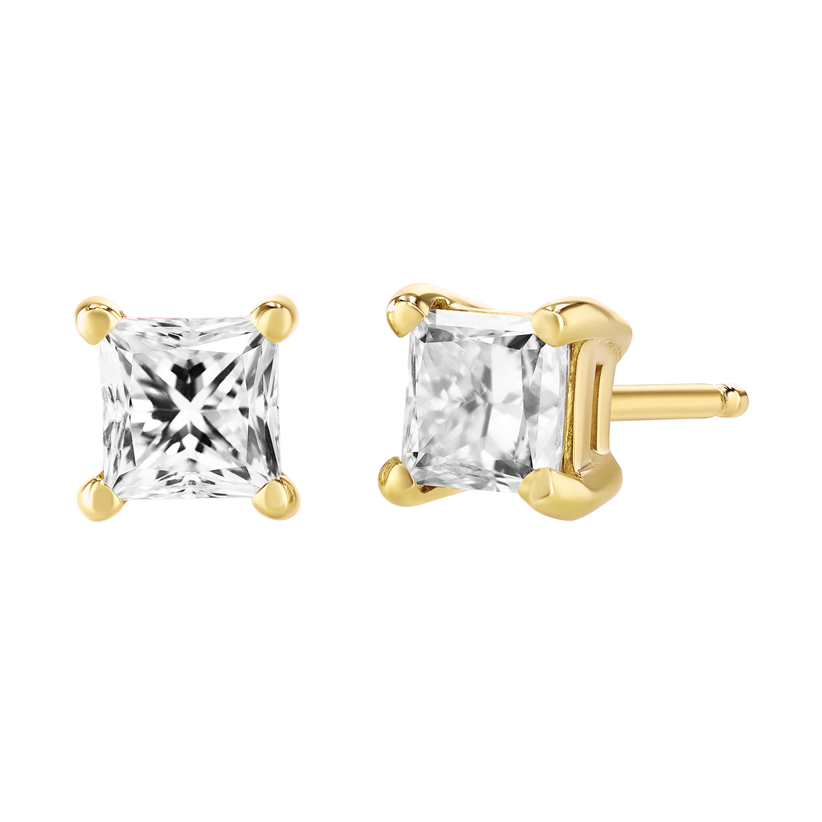 18K Yellow Gold Princess Diamond Stud Earrings, 0.50cttw