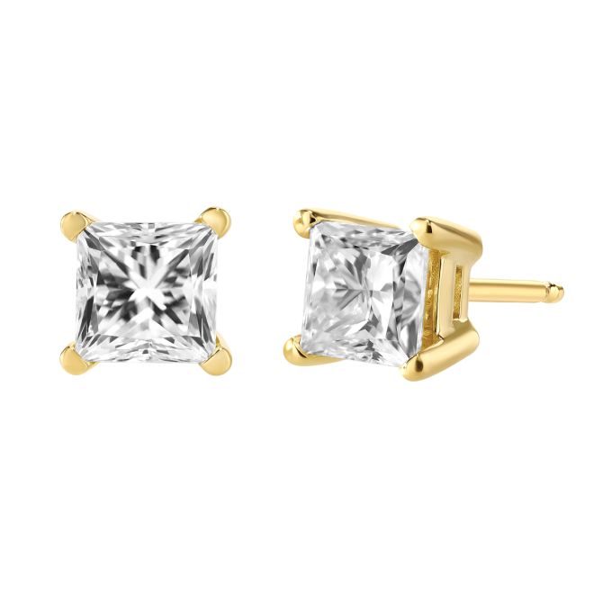 Princess Diamond Stud Earrings in Yellow Gold, 1.00 cttw