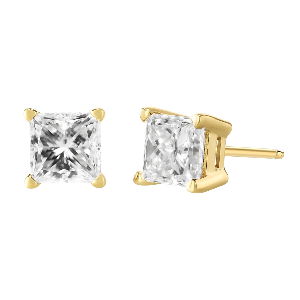 Princess Diamond Stud Earrings in Yellow Gold, 1.50 cttw