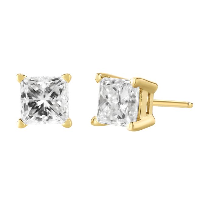 Princess Diamond Stud Earrings in Yellow Gold, 1.50 cttw