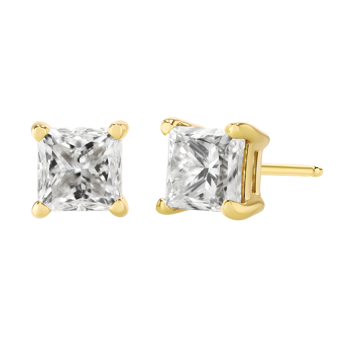 Princess Diamond Stud Earrings in Yellow Gold, 1.75 cttw