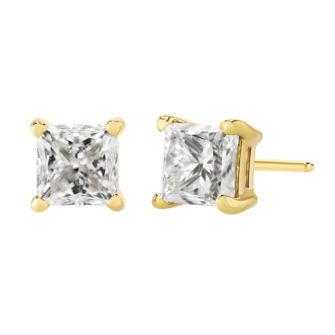 Princess Diamond Stud Earrings in Yellow Gold, 1.75 cttw