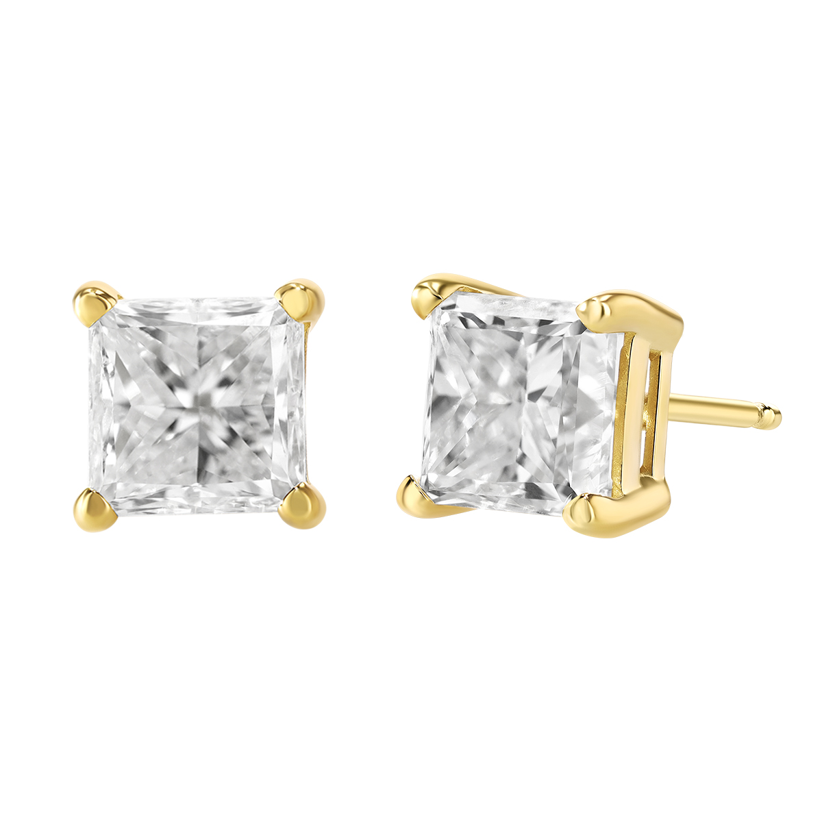 18K Yellow Gold Princess Diamond Stud Earrings, 2.00cttw