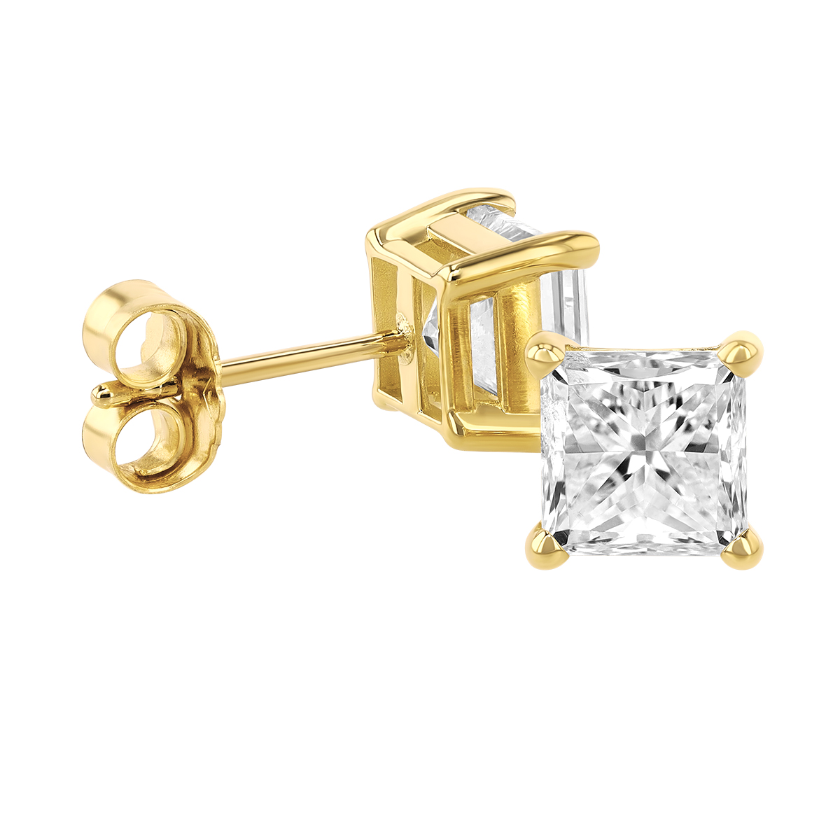 18K Yellow Gold Princess Diamond Stud Earrings, 2.00cttw