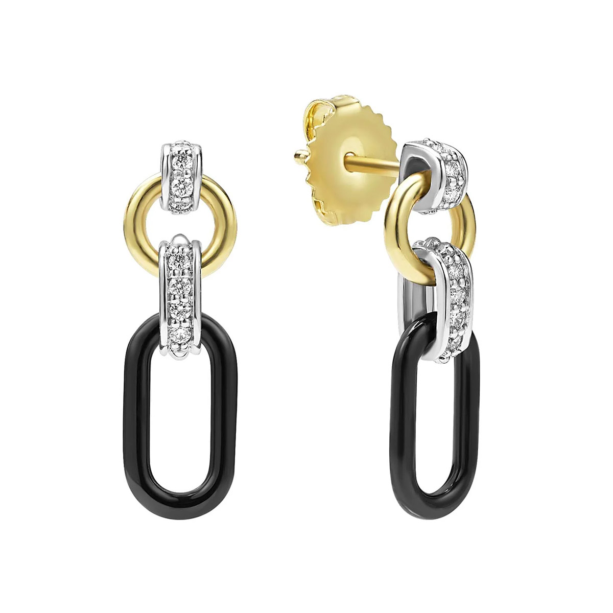 LAGOS Signature Caviar Small 18K Gold & Black Ceramic Diamond Link Drop Earrings