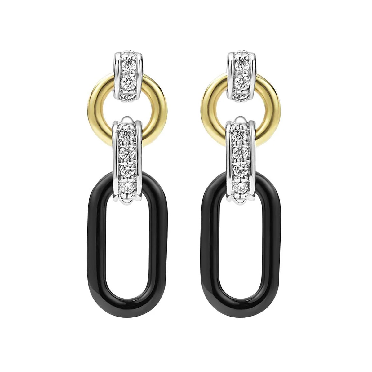 LAGOS Signature Caviar Small 18K Gold & Black Ceramic Diamond Link Drop Earrings