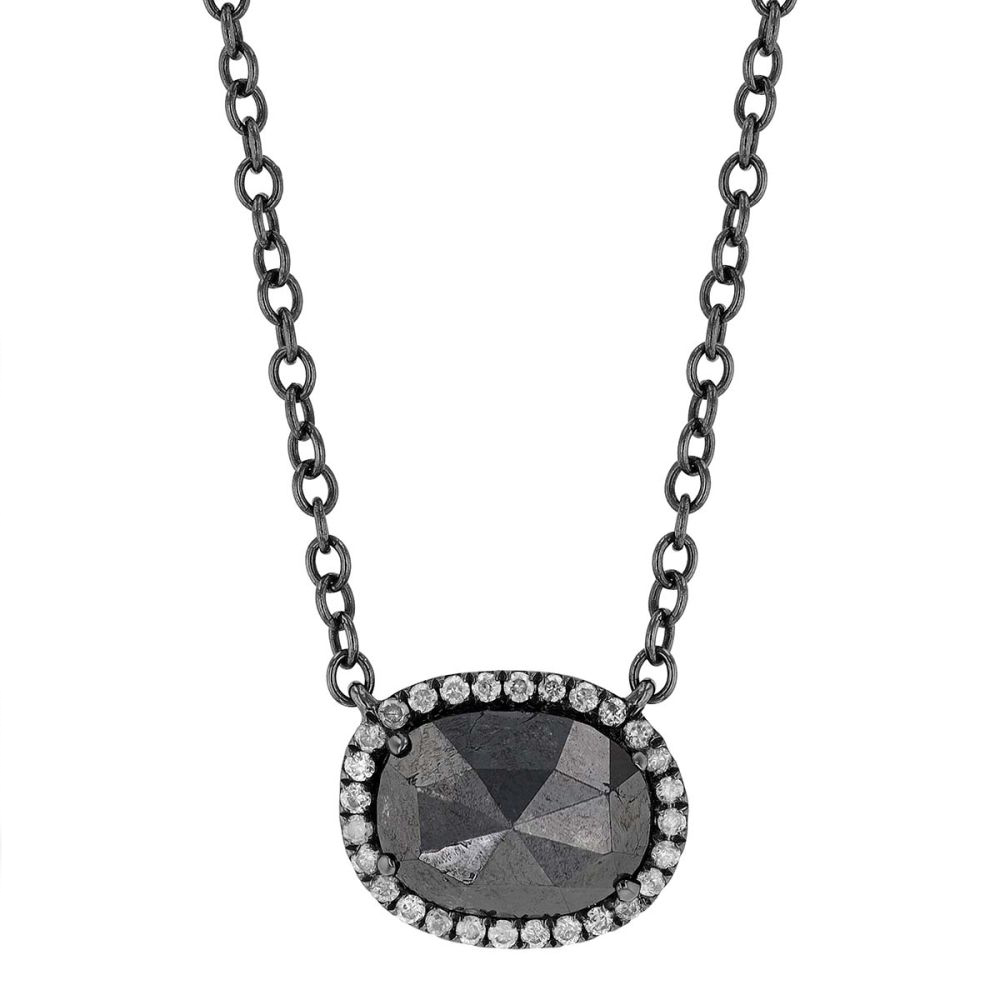 Black Irregular Oval Diamond Halo Necklace in White Gold & Black Rhodium, 18