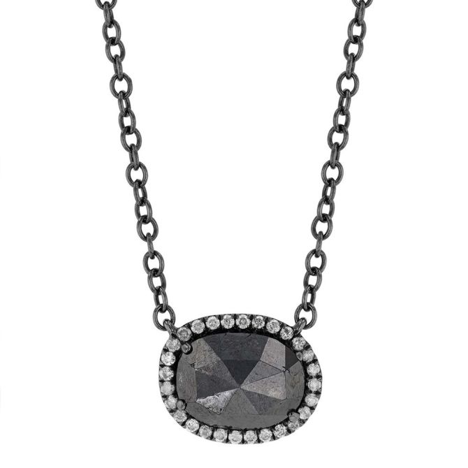 Black Irregular Oval Diamond Halo Necklace in White Gold & Black Rhodium, 18"
